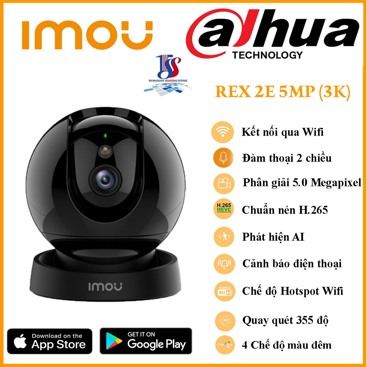 Camera wifi trong nhà, Camera imou REX 2E GK2DP-5C0WE 3K, phân giải 5MP, có màu ban đêm, đàm thoại - Hàng chính hãng Bảo hành 24 tháng