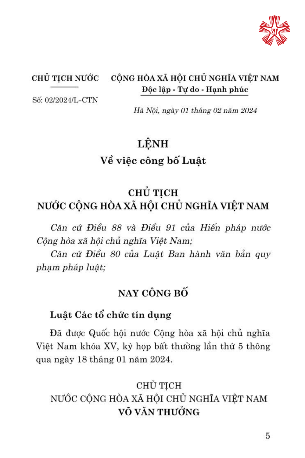 Luật các tổ chức tín dụng ( bản in 2024)