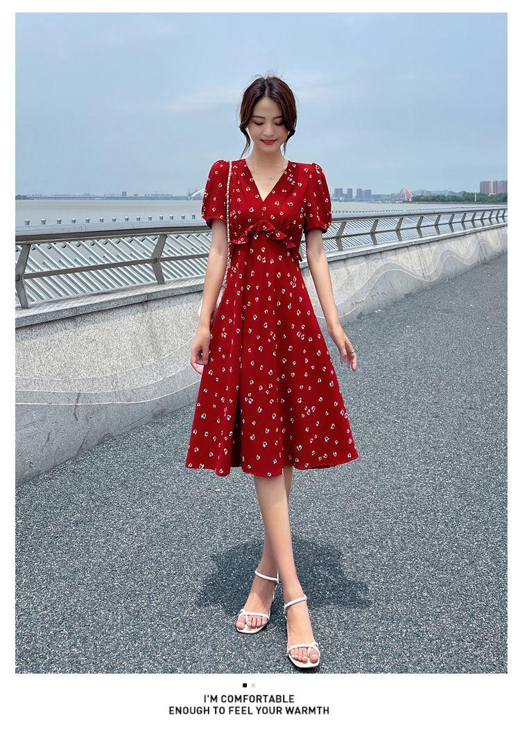 TOBE1SHOP Váy chiffon hoa nhỏ cho phụ nữ 2023 mùa hè Pháp màu đỏ khí chất cao eo mỏng váy