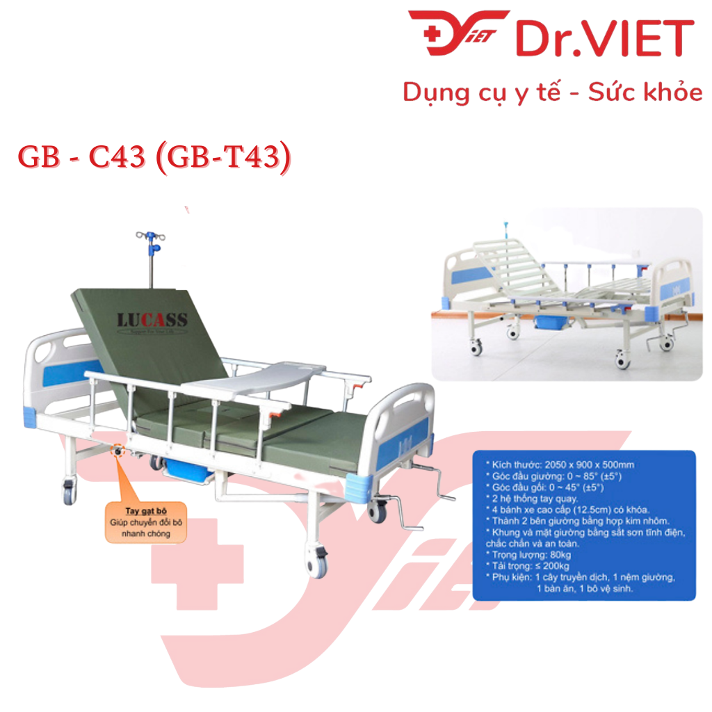 Giường bệnh nhân 3 tay quay GB-C43 (GB-T43) chính hãng có bô vệ sinh bền bỉ phù hợp cho bệnh nhân, người già, người bị liệt