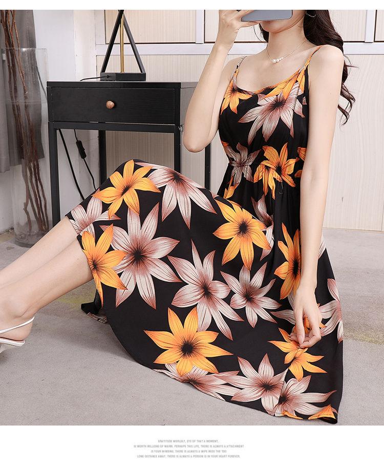 DONGSHOP Mùa hè 2023 Hàn Quốc phiên bản có thể điều chỉnh treo vest đầm mỏng mỏng trung bình dài hoa bãi biển váy