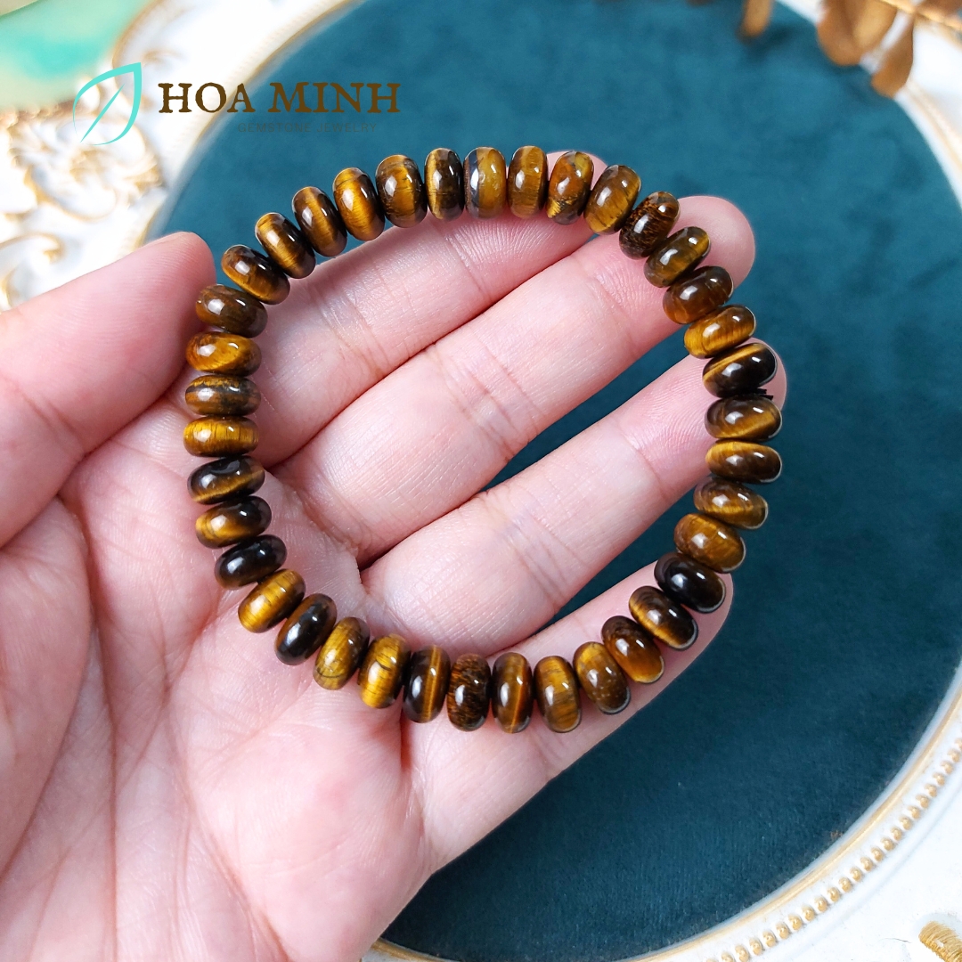 Vòng tay đá Mắt Hổ vàng nâu kiểu bánh xe size 8 li phong thủy tài lộc may mắn