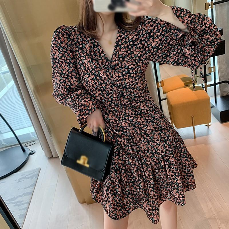 Đầm Nữ Tay Dài Cổ Chữ V In Hoa Thời Trang Quyến Rũ