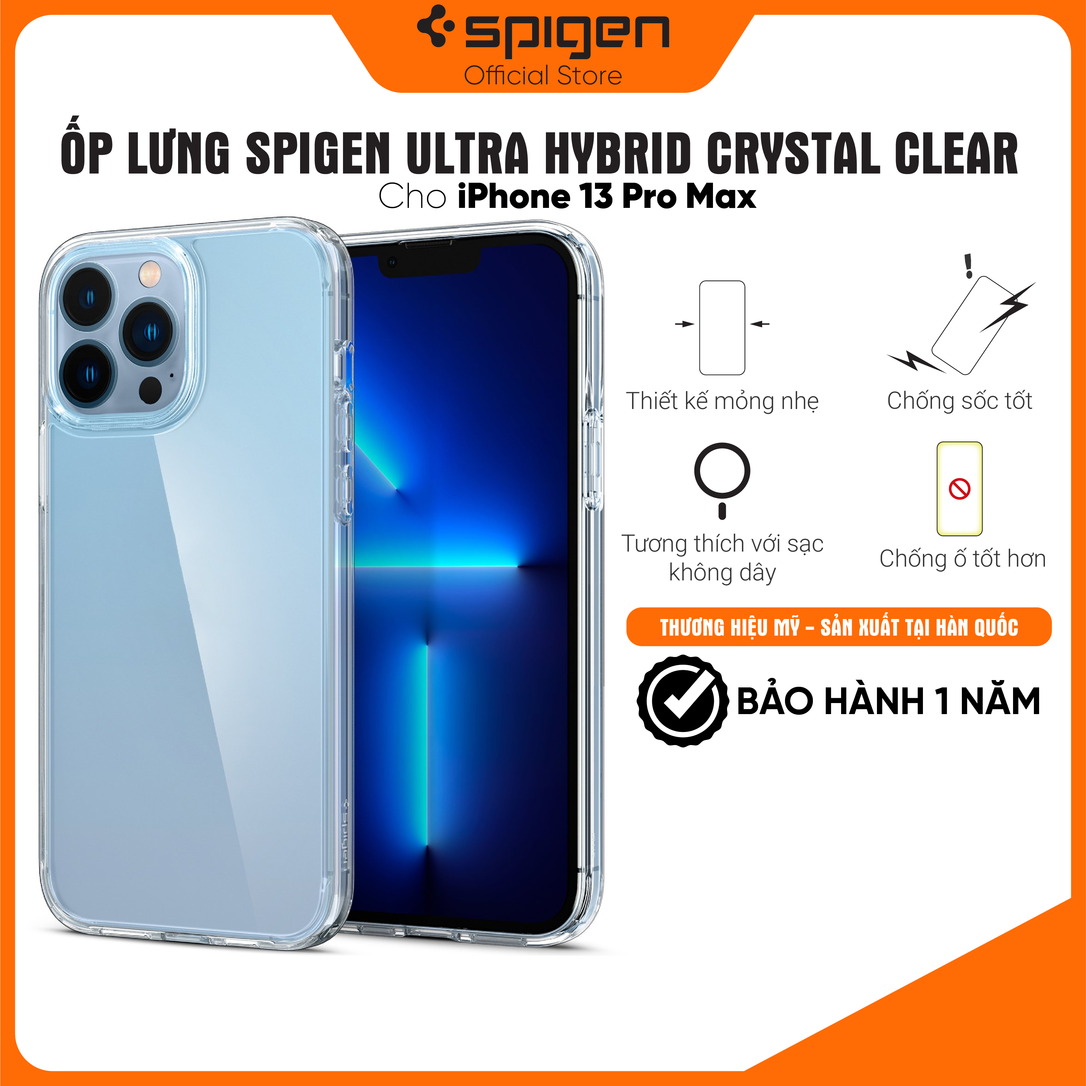 Ốp lưng Spigen Ultra Hybrid Clear cho iPhone 13 Pro Max - Thiết kế trong suốt, chống sốc, chống bẩn,  viền camera cao - Hàng chính hãng