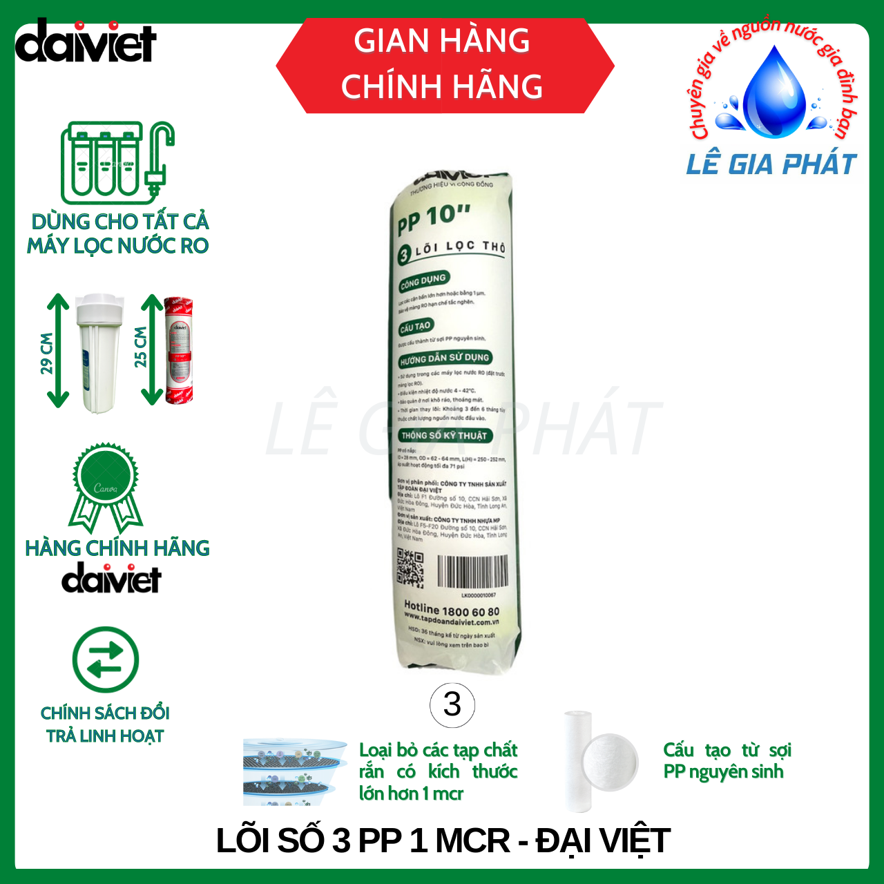 Lõi Lọc Nước Số 3 PP 1 Micro - Hàng Chính Hãng Đại Việt Dùng Cho Nhiều Dòng Máy Lọc Nước RO