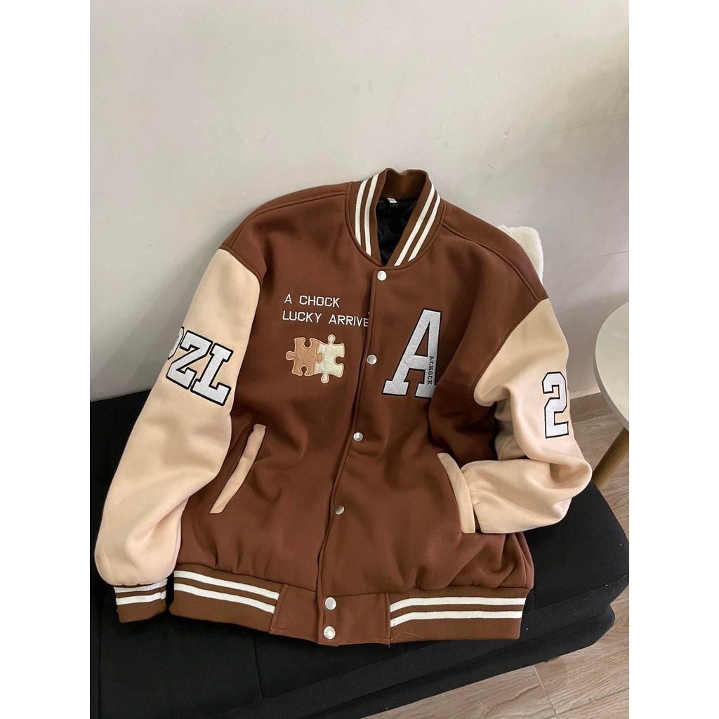 Áo khoác bomber jacket nam nữ hình in Lucky chất nỉ bông cao cấp varsity a chock lucky unisex thêu 2 lớp - Gin Store