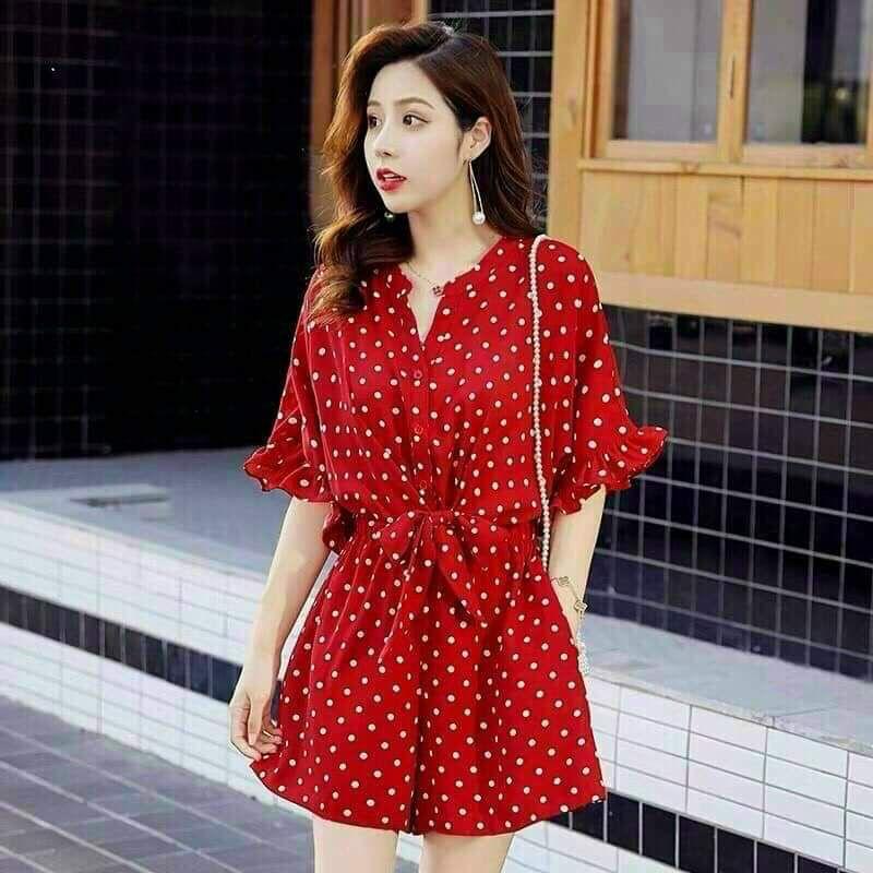 JUMPSUIT CHẤM BI THẮT NƠ TAY LOE