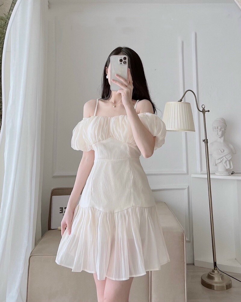 Đầm 2 dây trễ vai, Váy trắng ngắn hai dây Cao Cấp dáng chữ A tay ngắn ôm eo sexy gợi cảm MiNhi