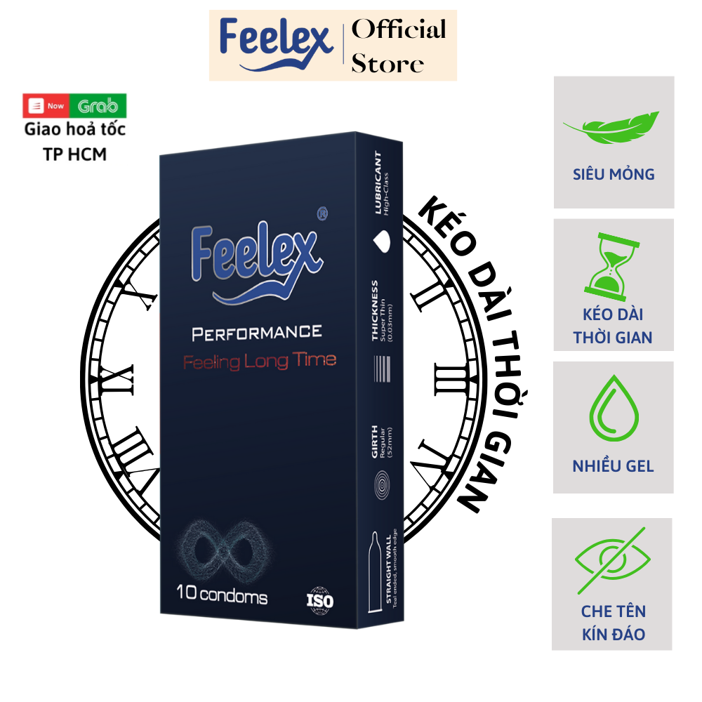 Bao cao su Feelex Performance Premium siêu mỏng, kéo dài thời gian quan hệ, hộp 10bcs