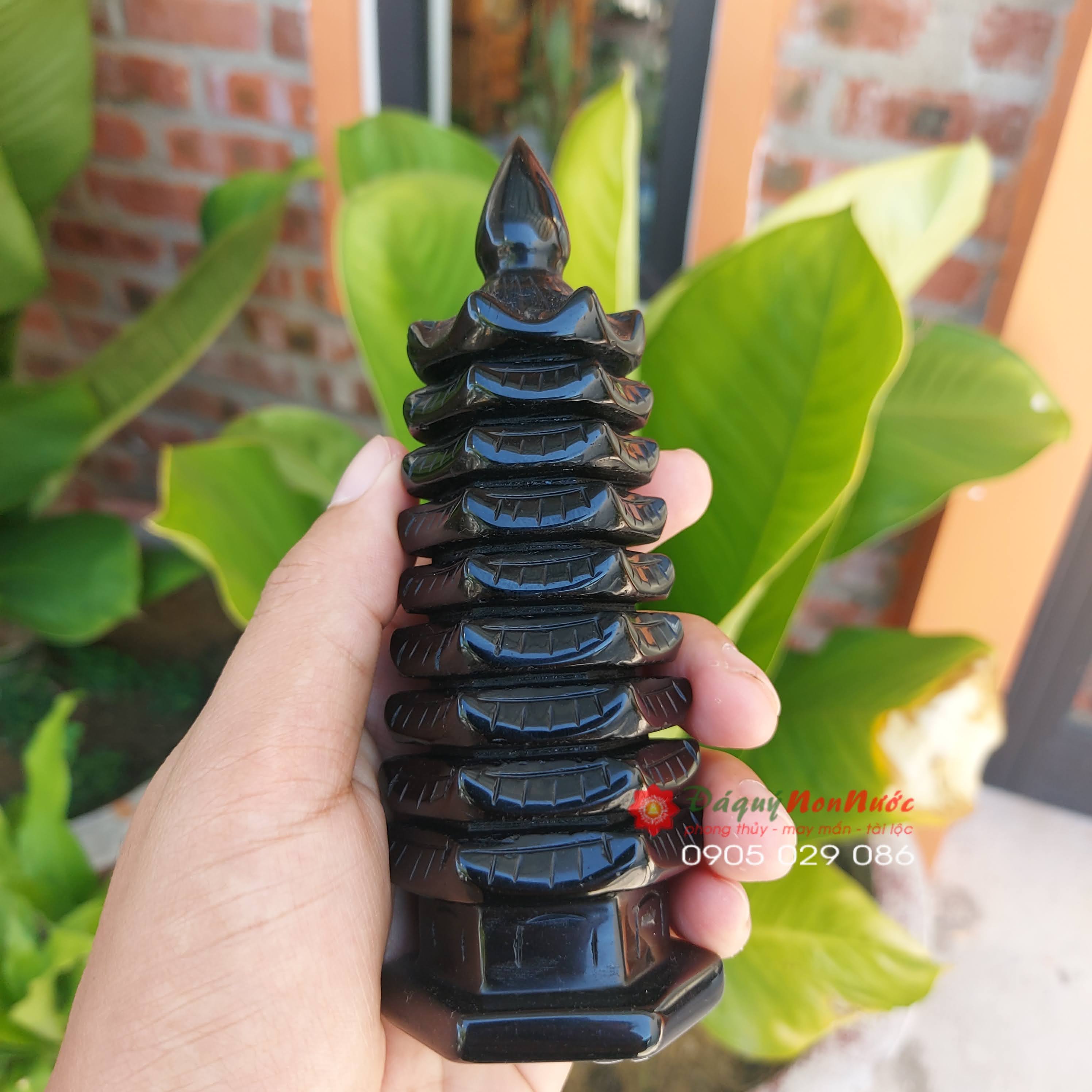 Tháp văn xương 9 tầng phong thuỷ đá Obdsidian cao 13cm - đá Non Nước