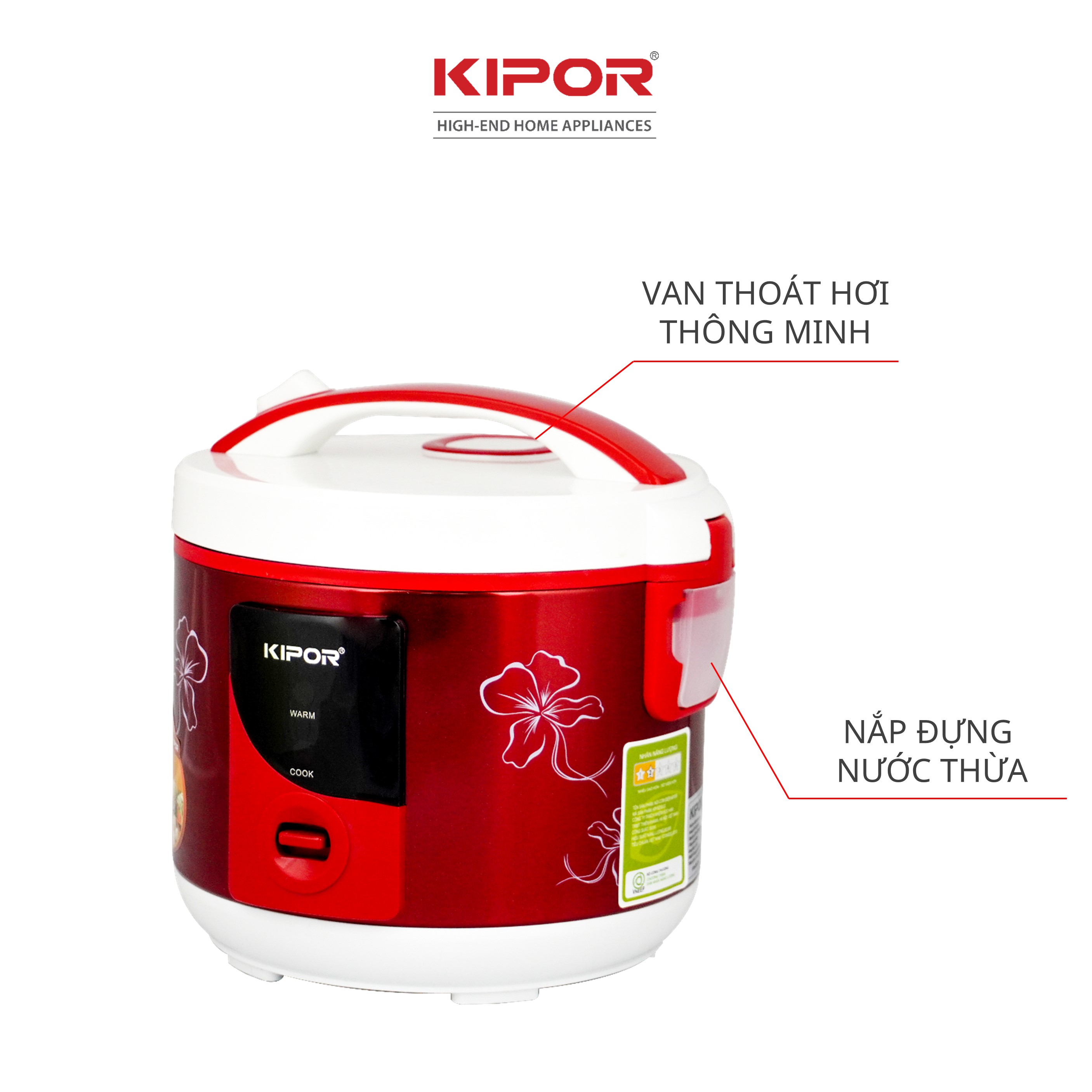Nồi cơm điện KIPOR KP-N25912 - 1.2L - Phủ chống dính HOÀNG KIM, Nồi cơm có tặng kèm vỉ hấp - phù hợp 2-3 người ăn - Hàng chính hãng