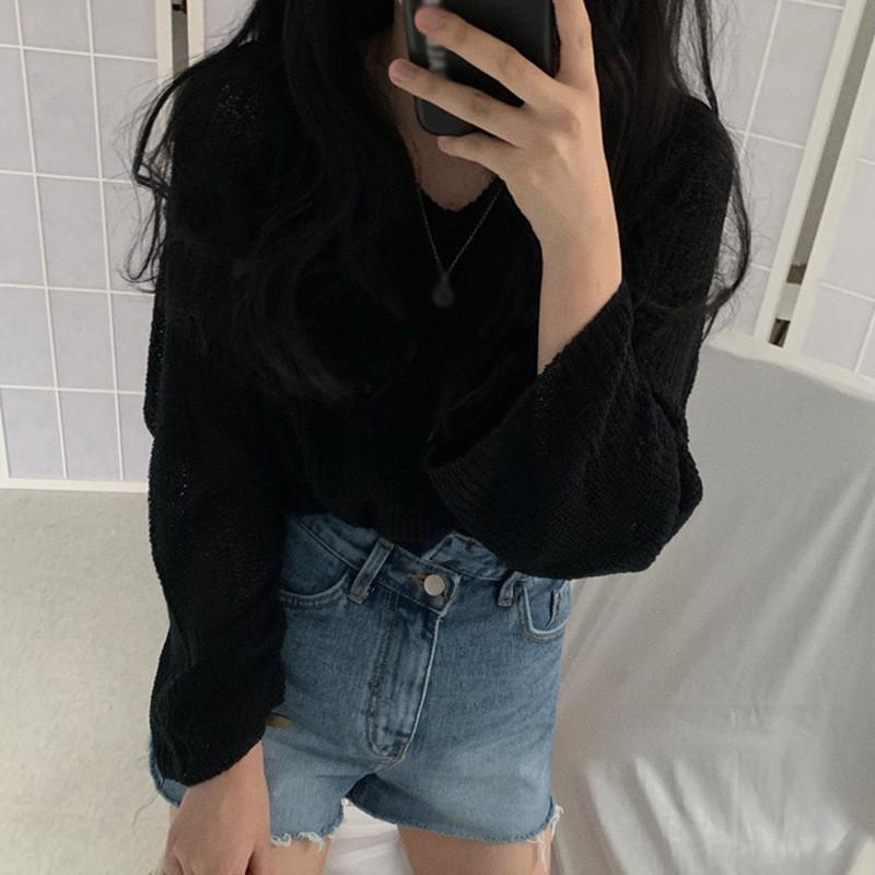 Áo Dệt Kim Mỏng Dáng Rộng Tay Dài 3 Màu Trơn Tùy Chọn Cho Nữ