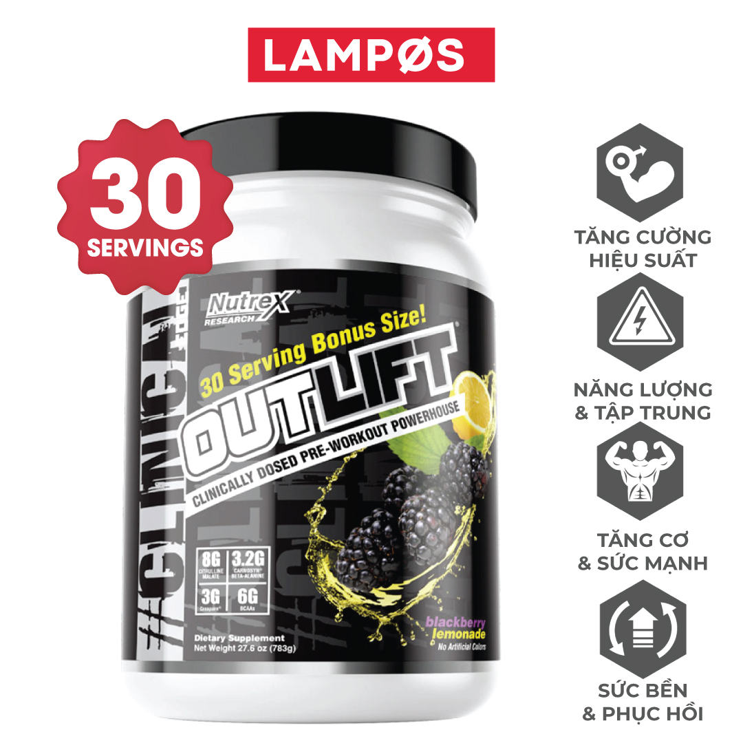 Nutrex Outlift Pre-Workout 30 Liều, Tăng Sức Mạnh Sức Bền, Năng Lượng Trước Tập, Citrulline, BCAA, Creatine, Beta-Alanine, Taurine