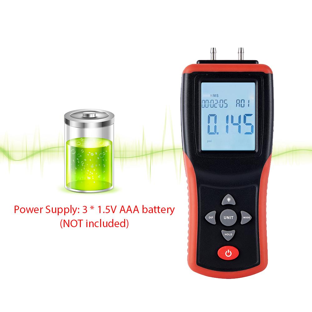 Digital Manometer 2.4-inch LCD High Precision Hand-held Dual-port Manometer ±2Psi Differential Air Pressure Gauge Tester with 12 Units