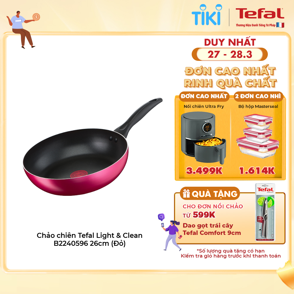 Chảo chiên chống dính Tefal Light &amp; Clean 26cm, dùng cho bếp ga và hồng ngoại- Hàng chính hãng