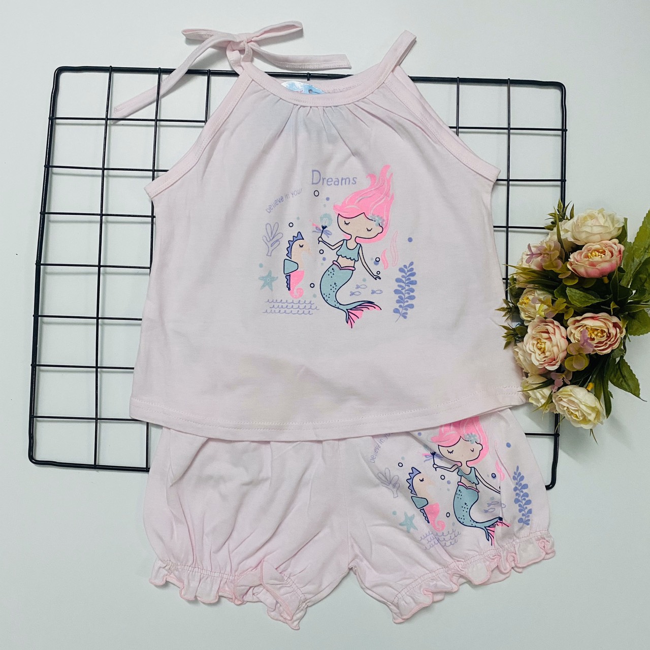 Combo 3 bộ đồ bộ bé gái cotton mùa hè mẫu áo dây, quần nhún màu nhạt siêu xinh J-TomTomBaby