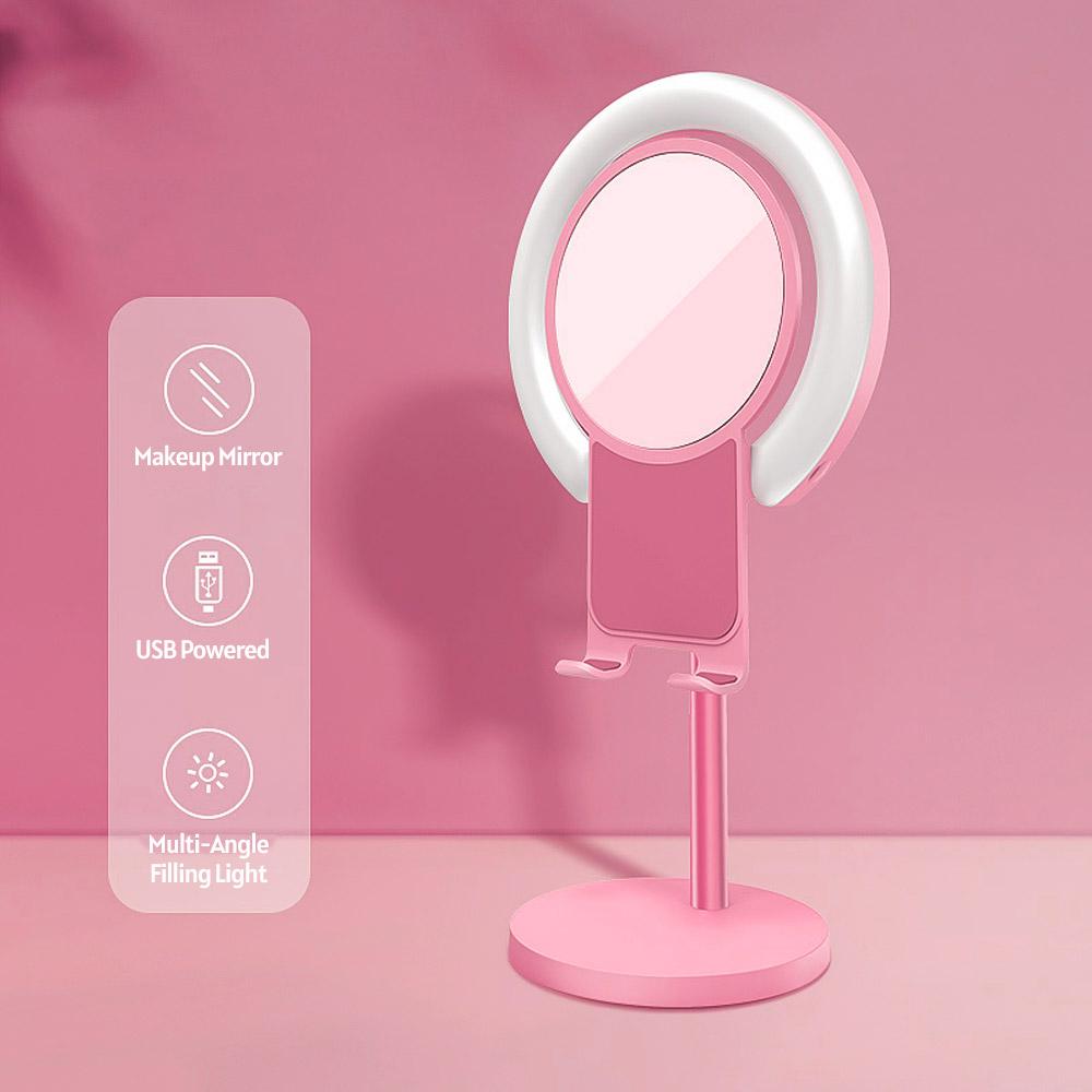 Đèn trang điểm LED Ring Light để bàn có chân đế,gương lớn và giá đỡ điện thoại di động, Hiệu ứng ánh sáng mềm mại - màu trắng