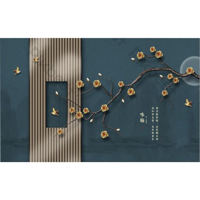 Tranh dán tường Nhánh hoa hồng vàng và ánh trăng sang trọng, Tranh 3d dán tường hiện đại MS1015540