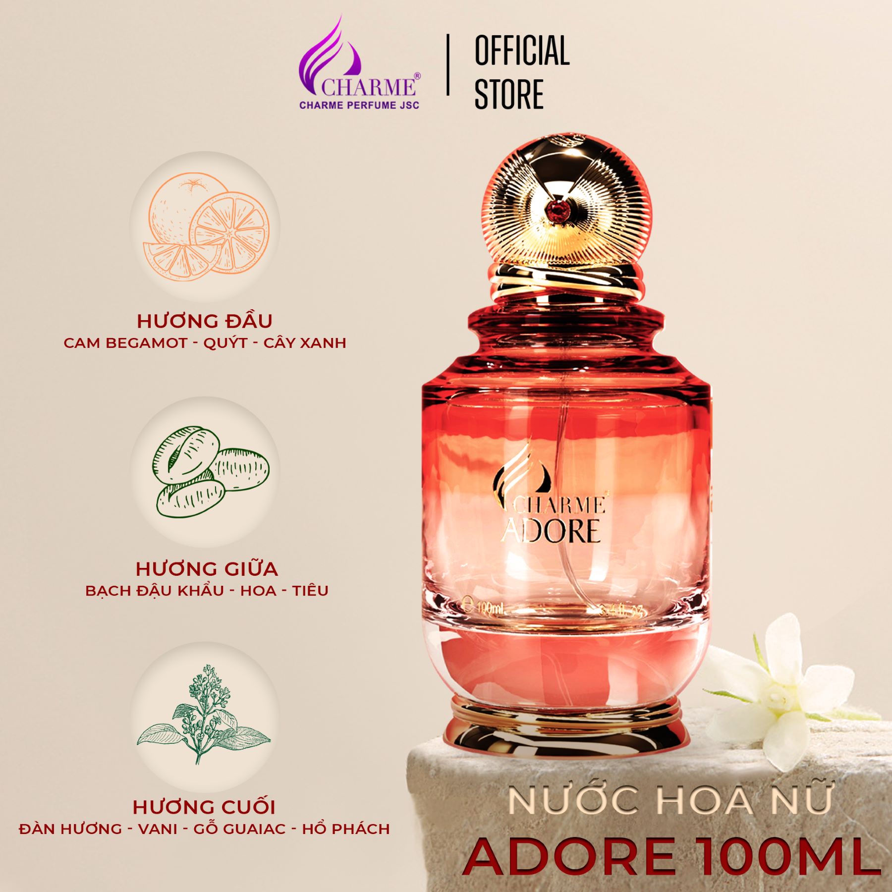 Nước hoa nữ sang trọng, Charme Adore, lưu hương lâu, hương hoa cỏ, tôn vinh nét đẹp phụ nữ hiện đại, 100ml