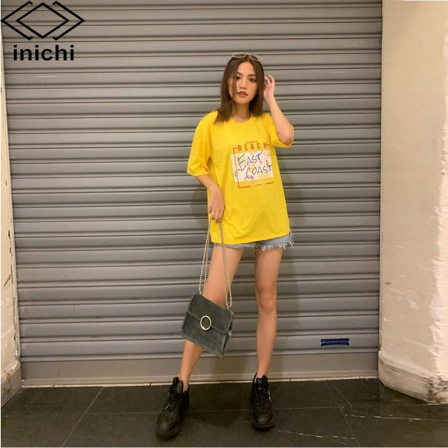 Áo thun tay lỡ INICHI phong cách Unisex nam nữ cá tính - in chữ BEACH - A658 màu vàng