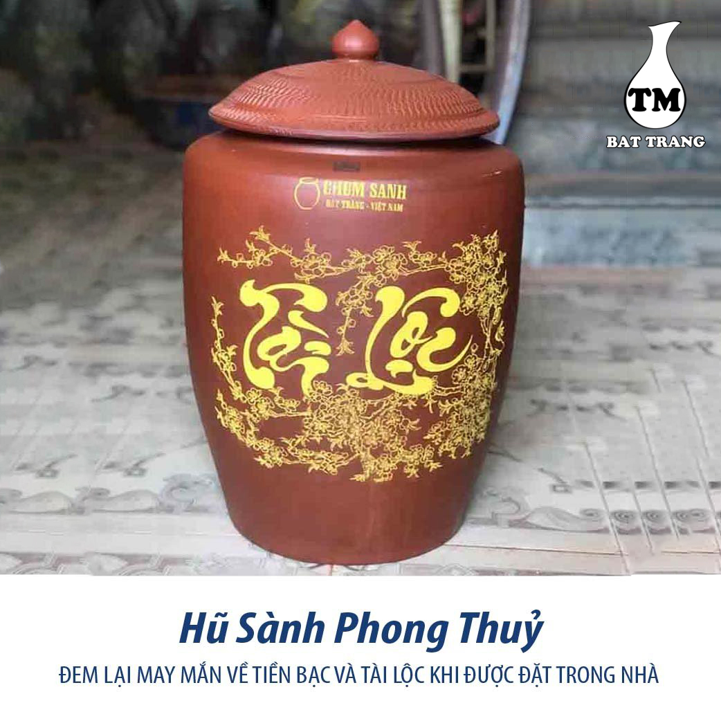 Hủ sành đựng gạo gốm sứ Bát Tràng có nắp màu nâu đỏ chữ Tài Lộc