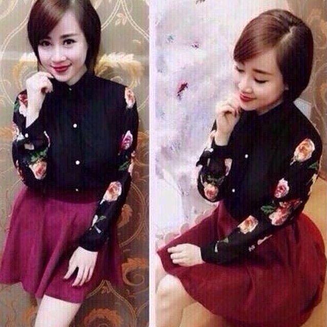 Áo sơ mi tay dài phối hoa hàng Quảng Châu