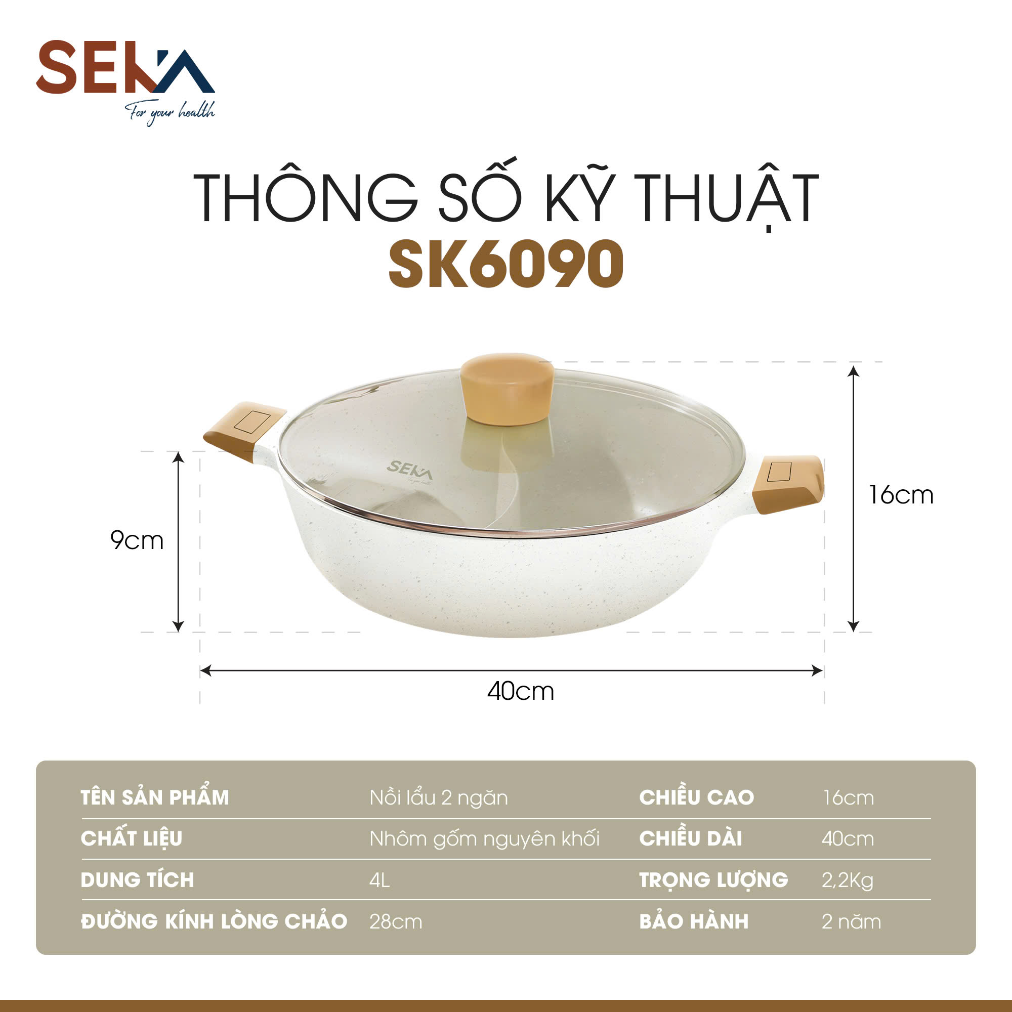 Nồi lẩu 2 ngăn nhôm đúc nguyên khối Seka 28cm- dùng được trên mọi loại bếp