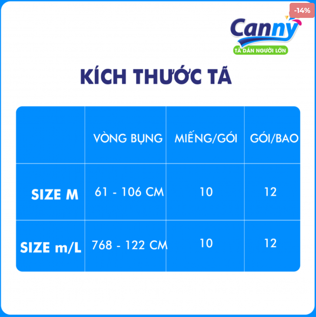 Bộ 2 Tã dán người lớn Canny size M/L 10 miếng/gói siêu mềm, siêu thấm hút vòng bụng 68-122cm