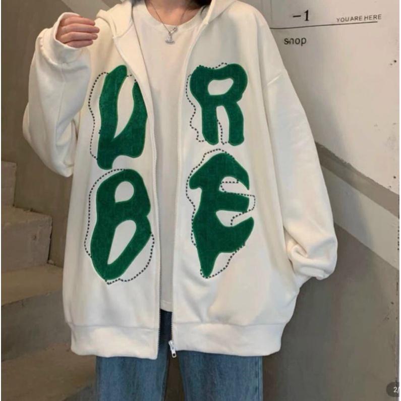 Áo khoác teen nón to chất nỉ ngoại cao cấp form rộng in chữ URBE, Áo hoodie unisex có dây kéo tay phồng,chống lạnh
