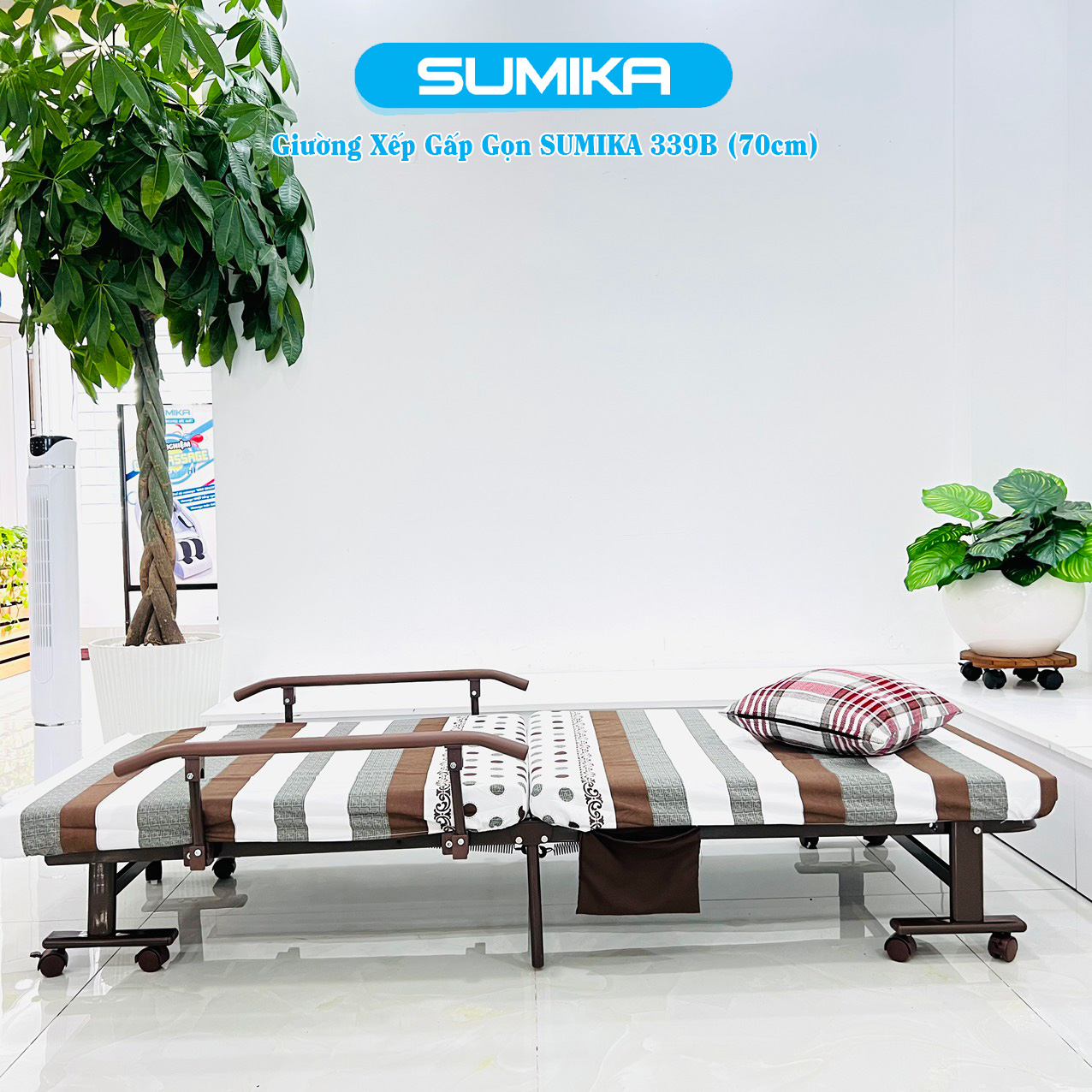 Giường xếp gọn cao cấp SUMIKA 339B, chiều rộng 70cm, khung thép, có bánh xe di chuyển