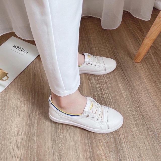 TT03 - Giày thể thao sneaker,giày nữ đế bằng da lì xỏ luôn không cần buộc dây tiện lợi, nhẹ êm viền cổ chun hottrend