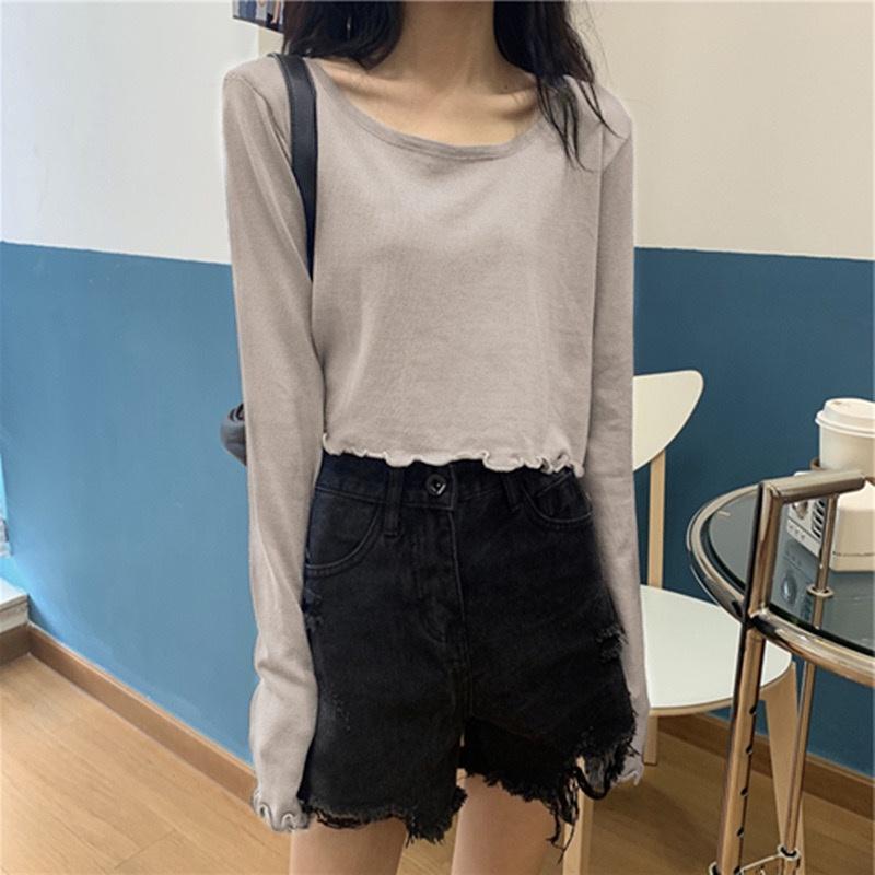 MS7109 Áo thun nữ croptop dài tay viền sóng dễ thương