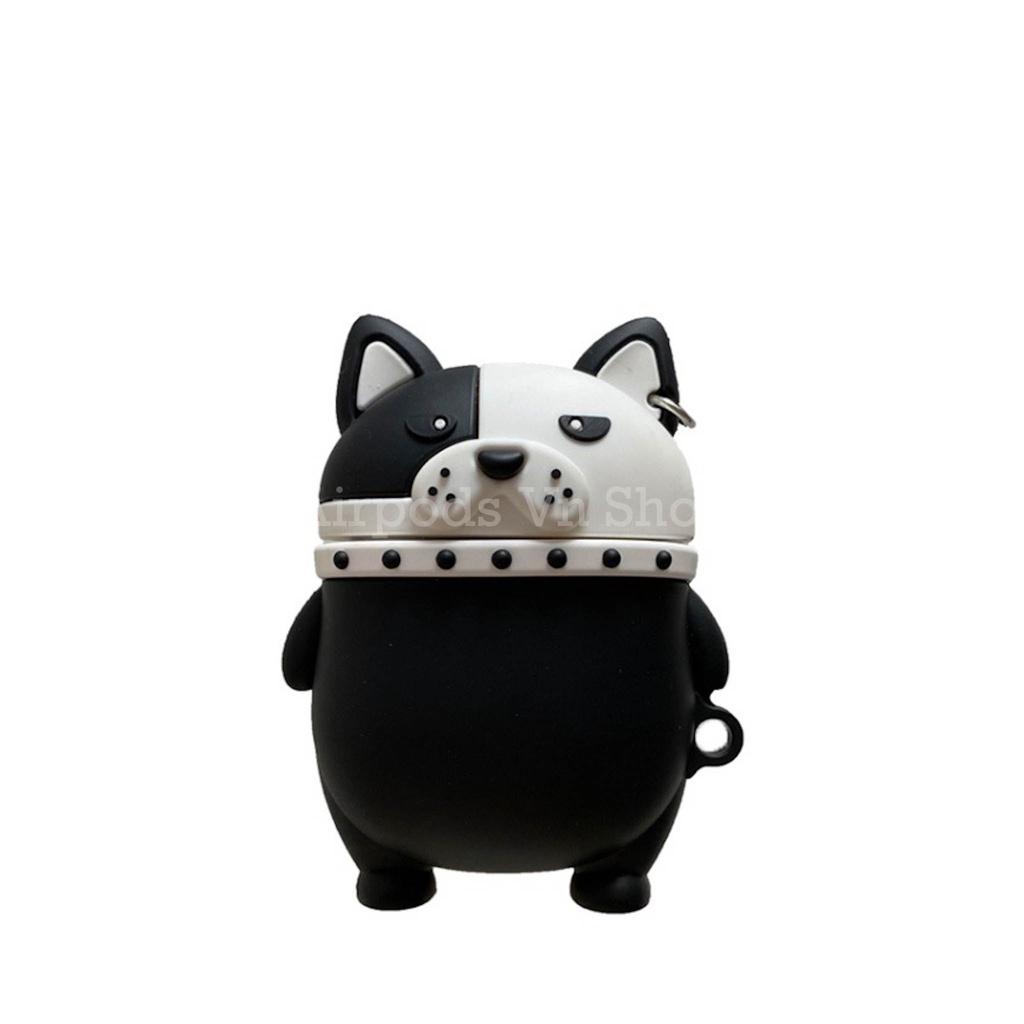 Bao Case Ốp dành cho Airpods 1/2, i11, i12 bulldog đen đeo khuyên tai siêu ngầu silicon cao cấp