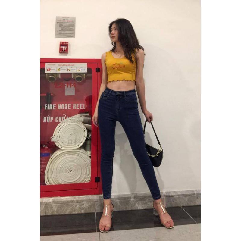 Quần Jeans Nữ Xanh Đậm Trơn Lưng Cao