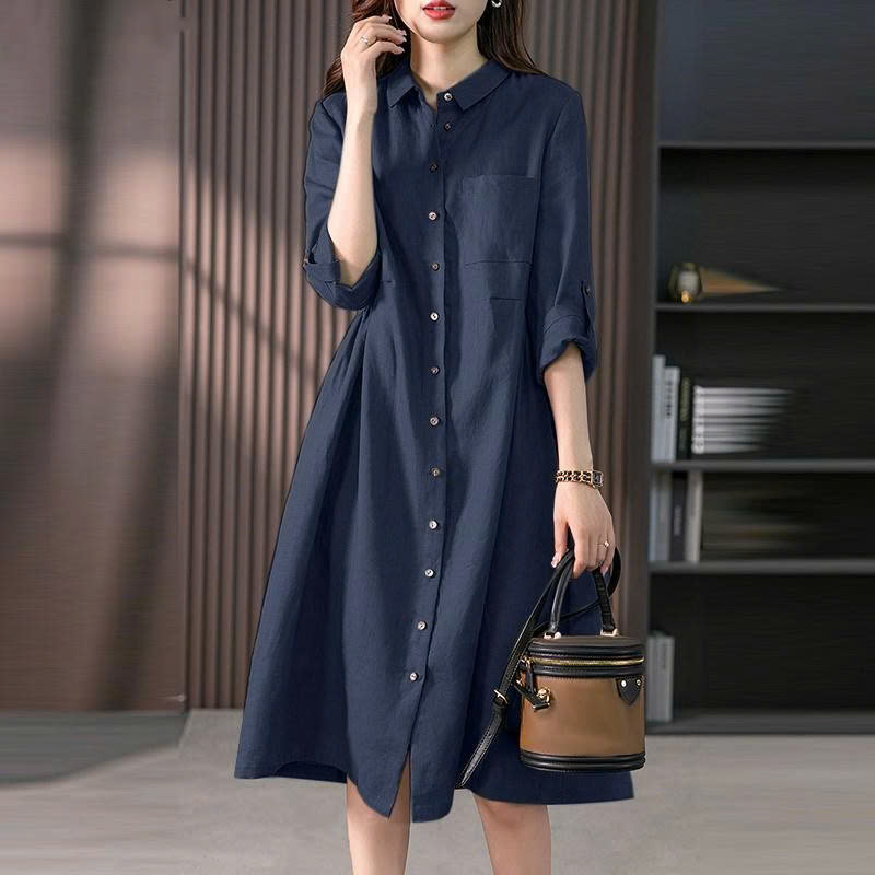 Đầm suông nữ Linen sắn tay phối cổ sơ mi sang trọng, lịch sự da207