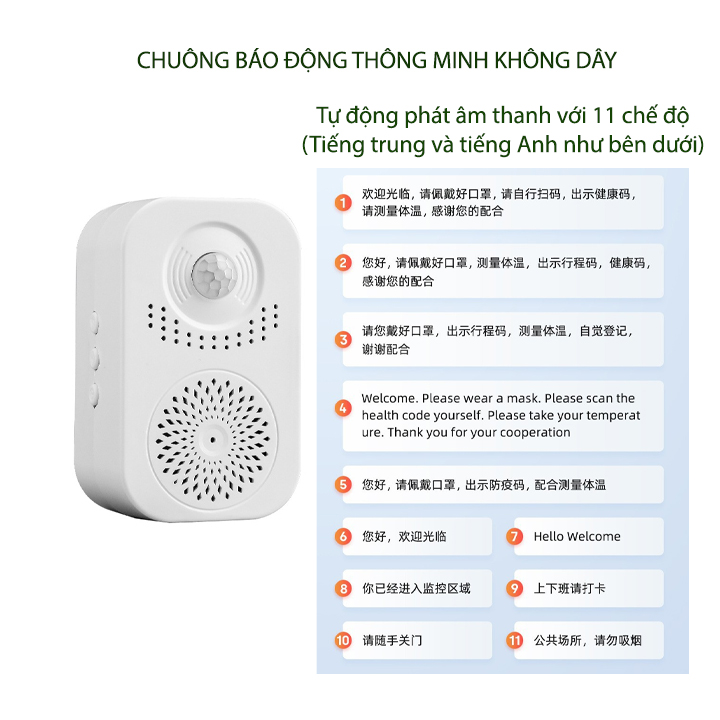 Chuông cảm biến thông minh tự động nhắc nhở bằng giọng nói, không dây (có chế độ tự ghi âm giọng nói)