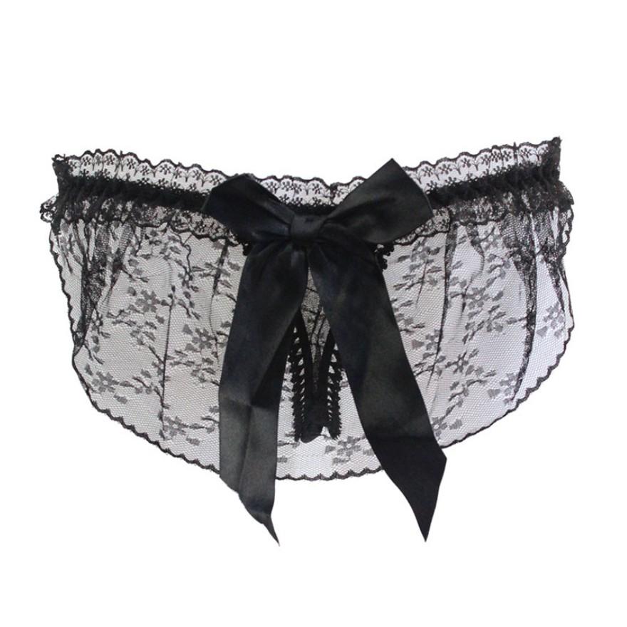 Quần lót hở mông thêu ren trong suốt - Đen