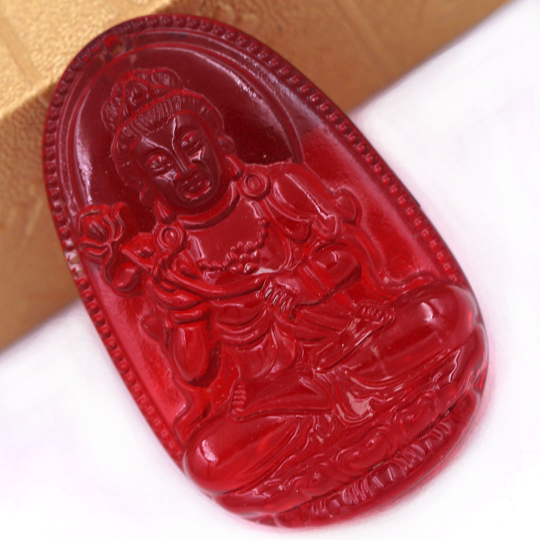 Mặt Phật Đại thế chí 5 cm  pha lê đỏ kèm móc và dây chuyền inox, Mặt Phật bản mệnh