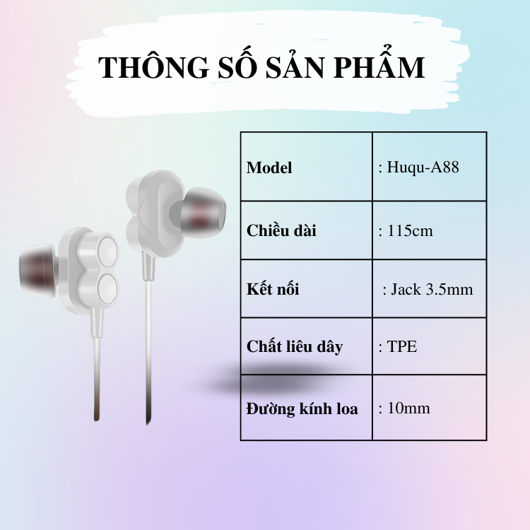 Tai Nghe Nhét Tai Huqu A88 - Giao Tiếp Cổng Tiêu Chuẩn 3.5mm - Hàng Chính Hãng