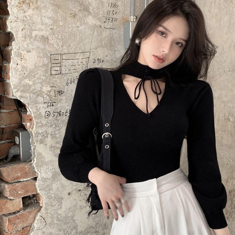 Áo sweater dệt kim thiết kế tay dài cổ chữ V hở lưng cho nữ