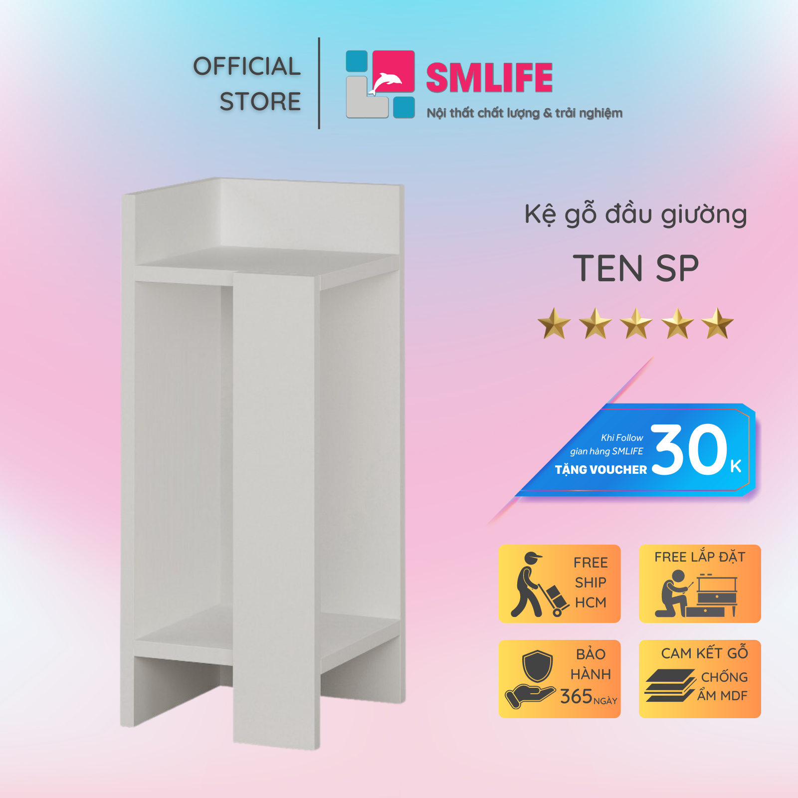 Tủ gỗ đầu giường hiện đại SMLIFE Nassau – Cạnh phải | Gỗ MDF dày 17mm chống ẩm | D25xR27.7xC60cm