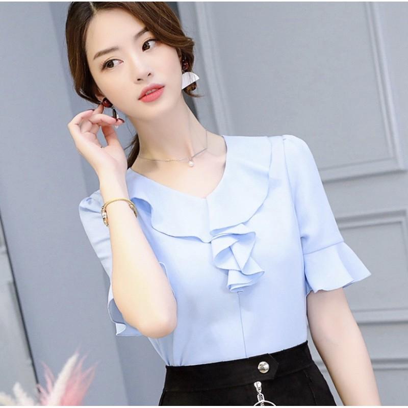 Áo sơ mi voan điệu đà nhẹ nhàng tay bèo cổ nơ công sở đi làm đi chơi  mẫu 2021