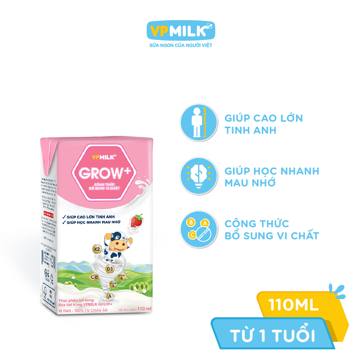 Sữa Tiệt Trùng Có Đường VPMilk Grow+ Vị Dâu Hộp 110ml