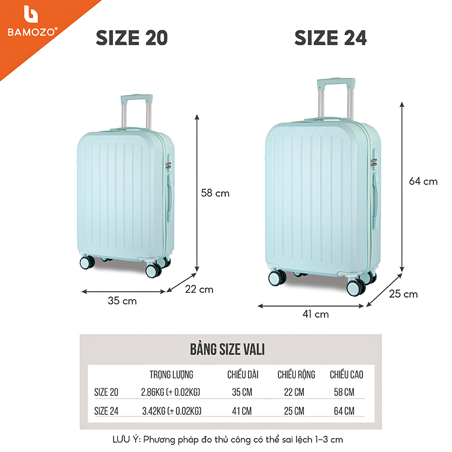 Vali du lịch thời trang BAMOZO 8812 MÀU HỒNG NHẠT size 20/24 , vali kéo chống trầy xước được bảo hành 5 năm