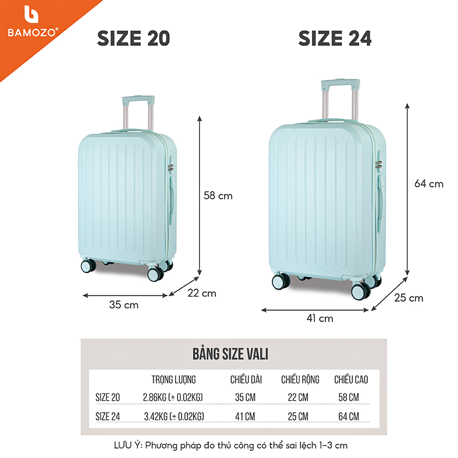 Vali du lịch thời trang Bamozo 8812 size 20/24 , vali nhựa kéo được bảo hành 5 năm