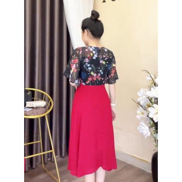 ĐẦM XÒE HỌA TIẾT HOA PHỐI CHÂN VÁY ĐỎ