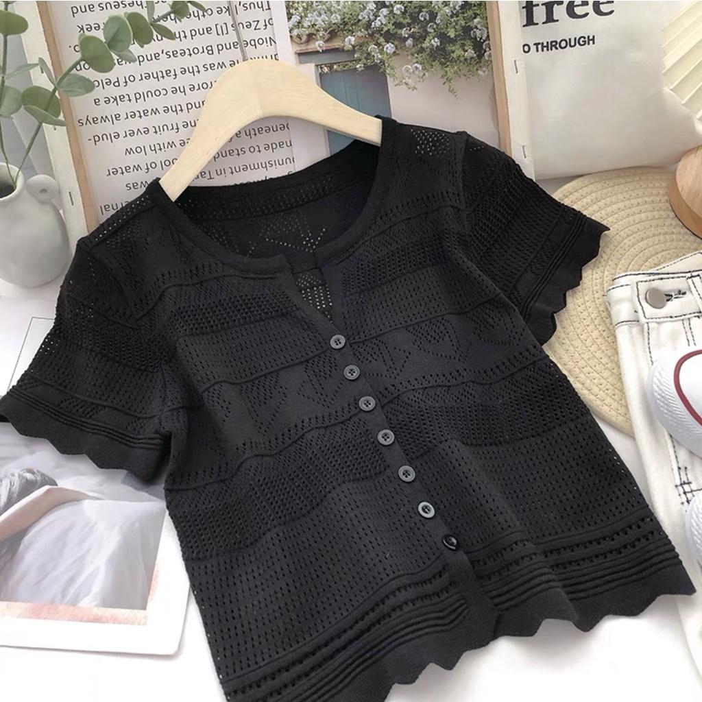 Áo len mongtoghi nữ croptop tay ngắn dệt kim họa tiết kiểu cổ V thời trang phong cách hàng Quảng Châu cao cấp