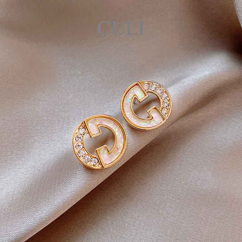 Khuyên tai bạc S925, khoen tròn đính đá, phối xà cừ sang trọng HT665 - Culi accessories