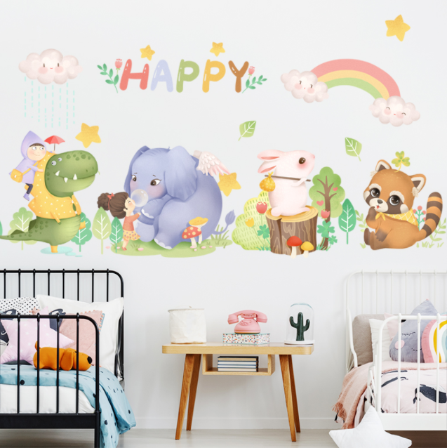 Decal trang trí tường - Những người bạn thú dễ thương chơi với 2 đứa bé