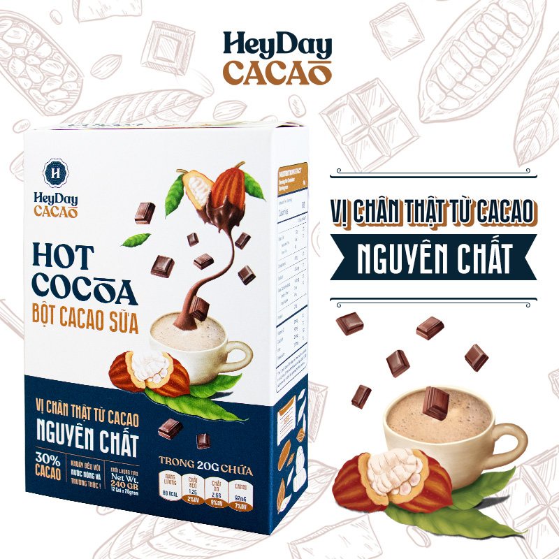 Bột cacao sữa Heyday - Hot Cocoa hộp 12 gói x 20g - Đậm vị chân thật từ cacao nguyên chất